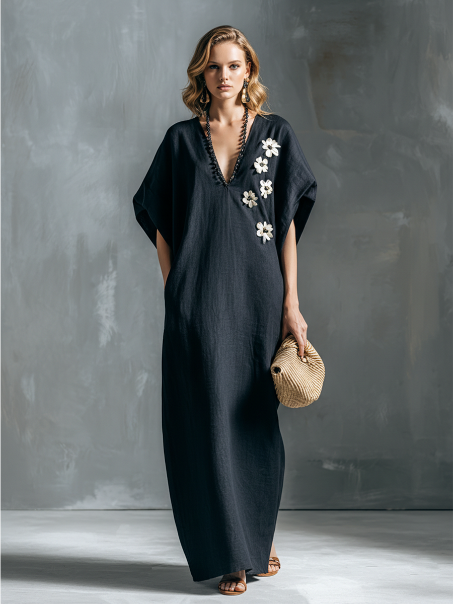 Women's Fashionable Navy Blue Cotton Linen V-Neck Short-Sleeved Side-Slit Long Dress