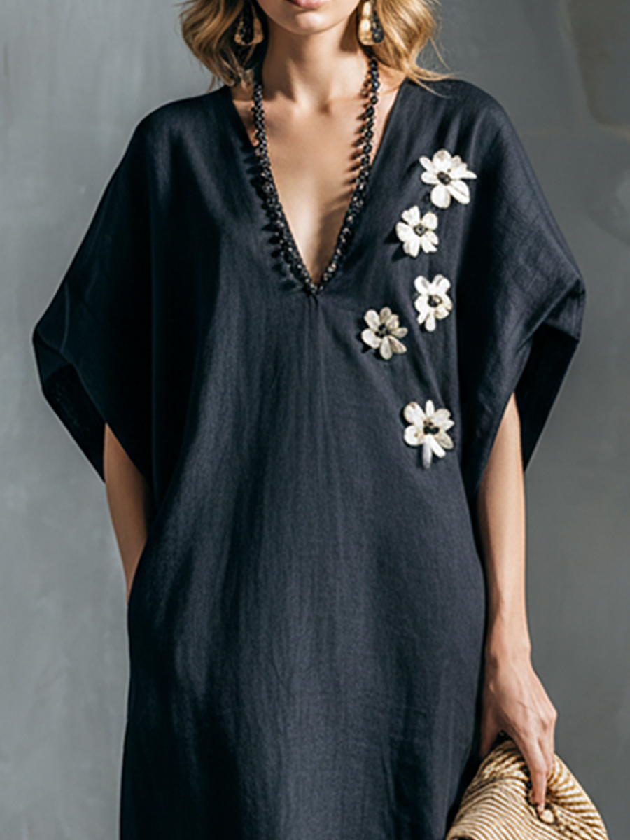 Women's Fashionable Navy Blue Cotton Linen V-Neck Short-Sleeved Side-Slit Long Dress