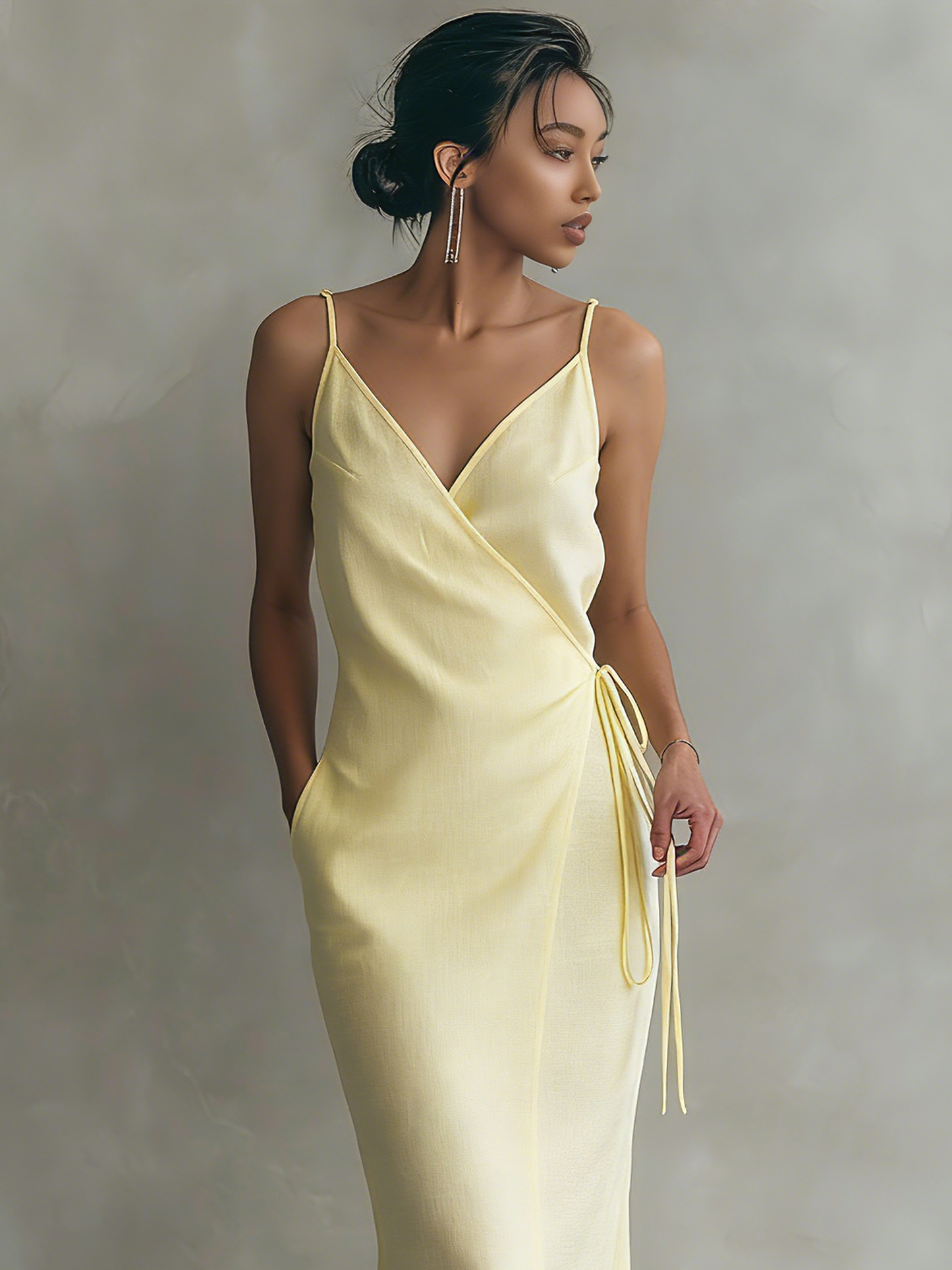 Women's Minimalist Linen-Blend Spaghetti Strap Wrap Maxi Dress With Tie Belt