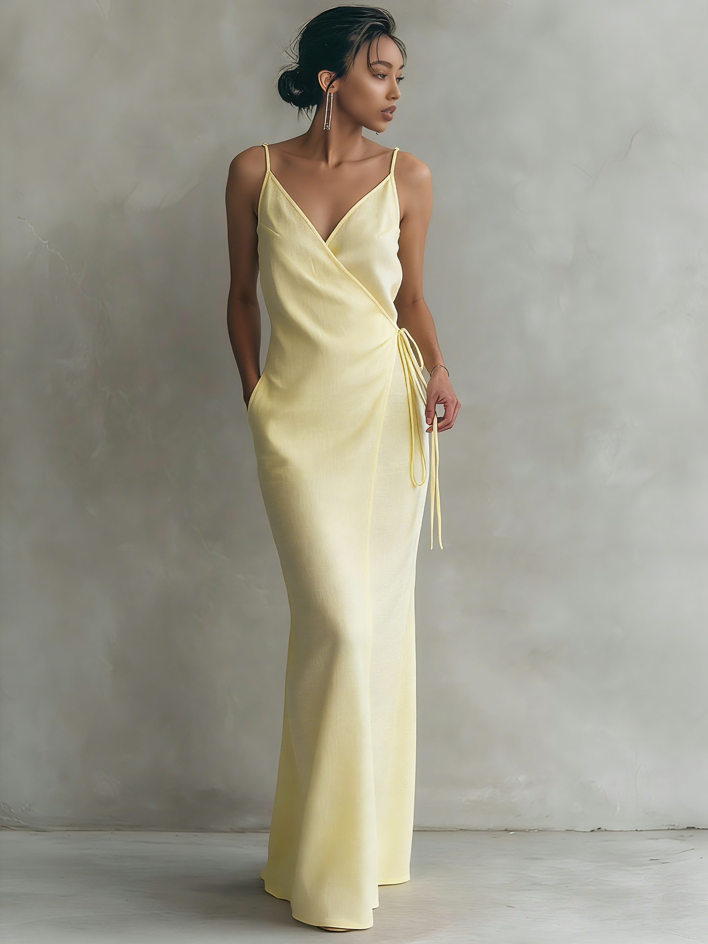 Women's Minimalist Linen-Blend Spaghetti Strap Wrap Maxi Dress With Tie Belt