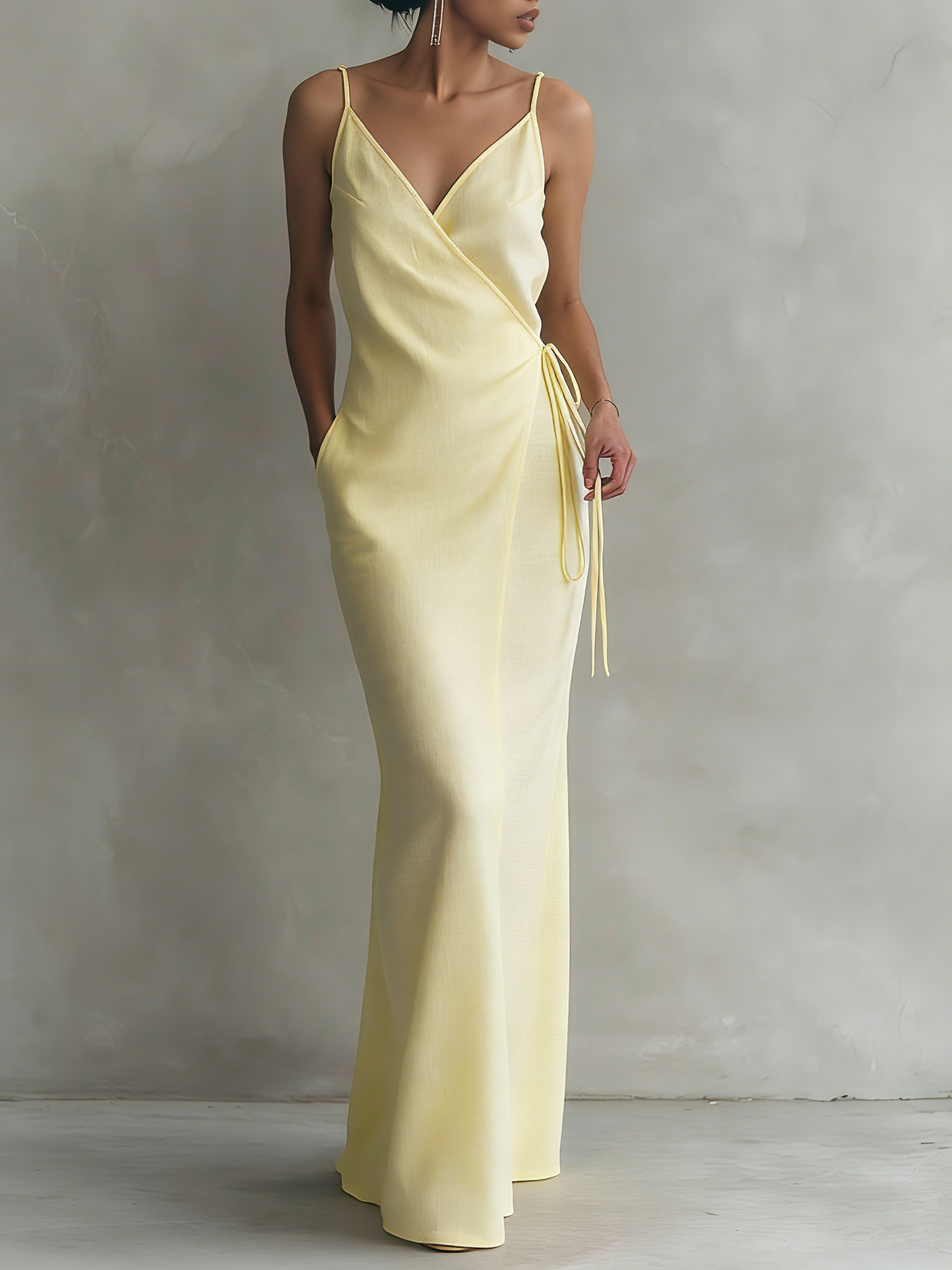 Women's Minimalist Linen-Blend Spaghetti Strap Wrap Maxi Dress With Tie Belt