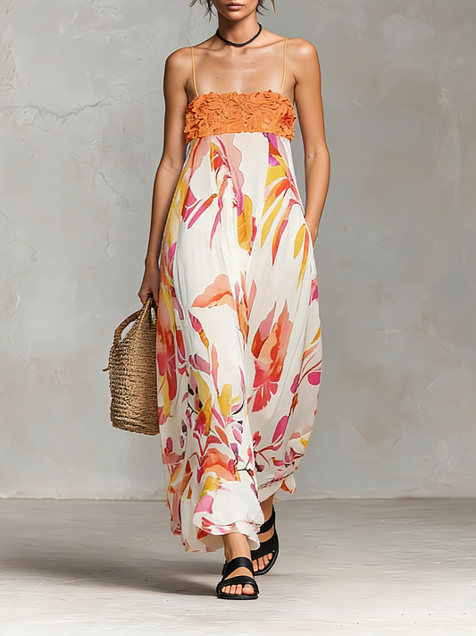 Women's Minimalist Chiffon Floral Print Spaghetti Strap Maxi Dress
