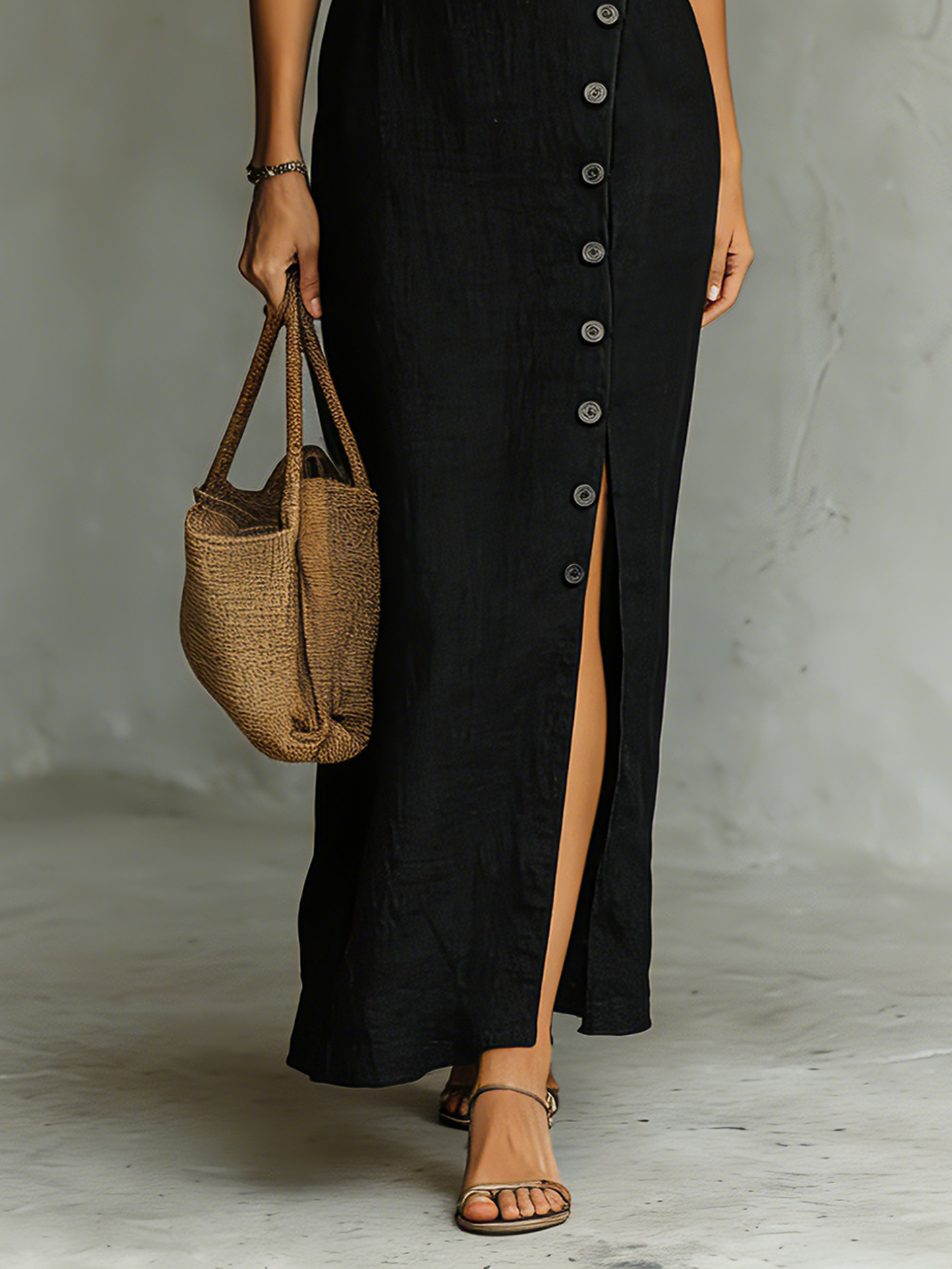 Women's Minimalist Cheongsam Collar Cap Sleeves Side Slit Maxi Dress