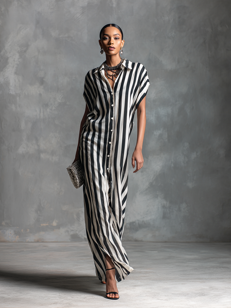 Women's Stylish Black and White Striped Sleeveless Button-Front Shirt  Long Dress