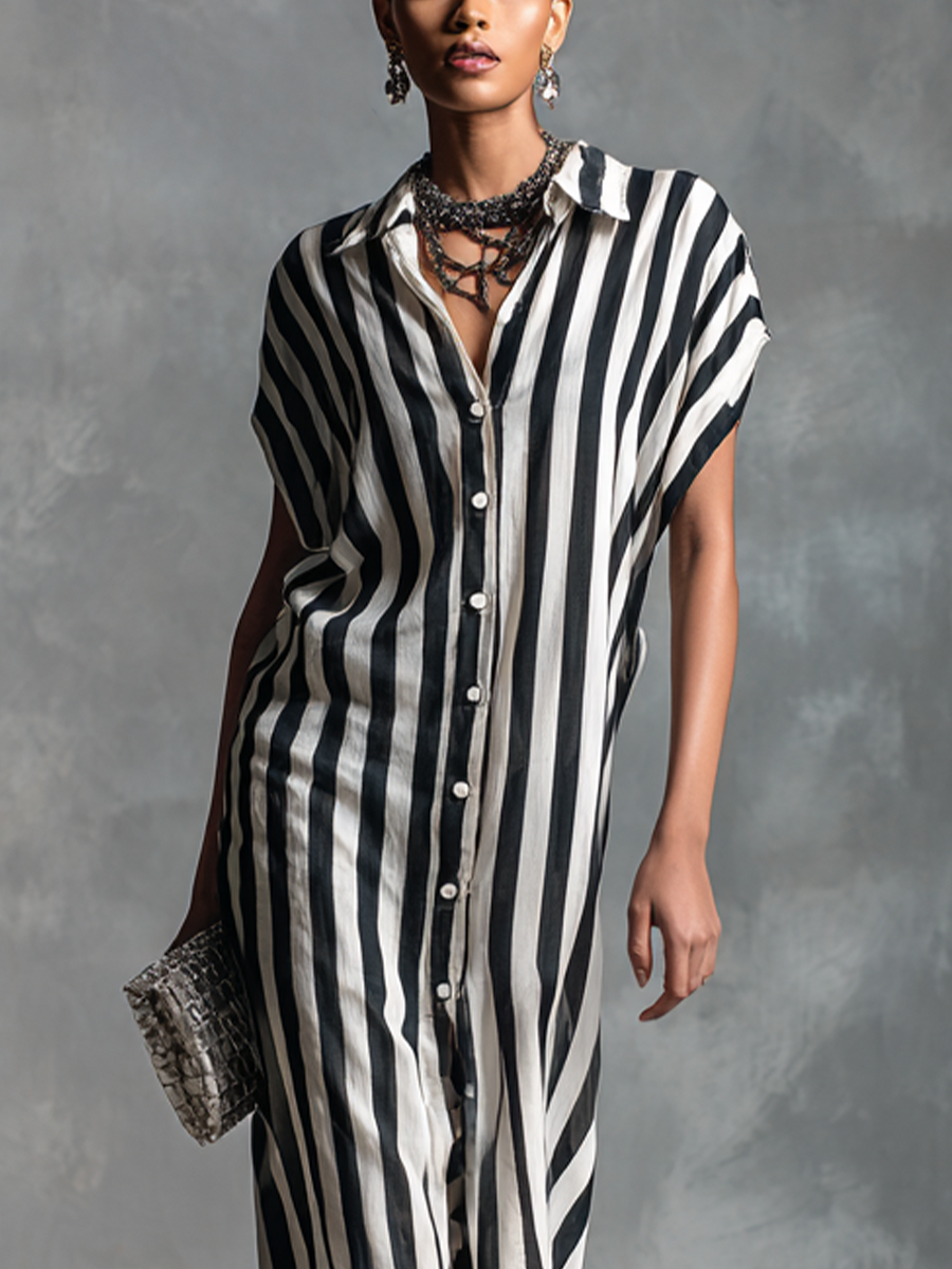 Women's Stylish Black and White Striped Sleeveless Button-Front Shirt  Long Dress