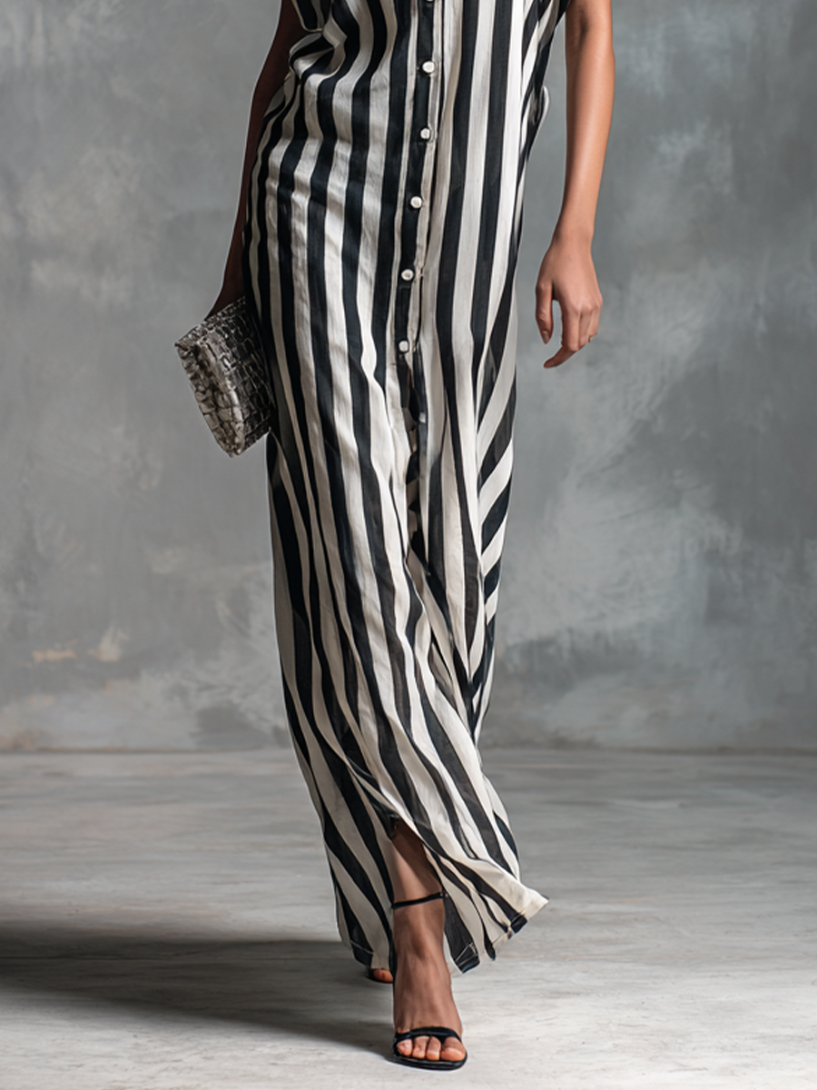 Women's Stylish Black and White Striped Sleeveless Button-Front Shirt  Long Dress