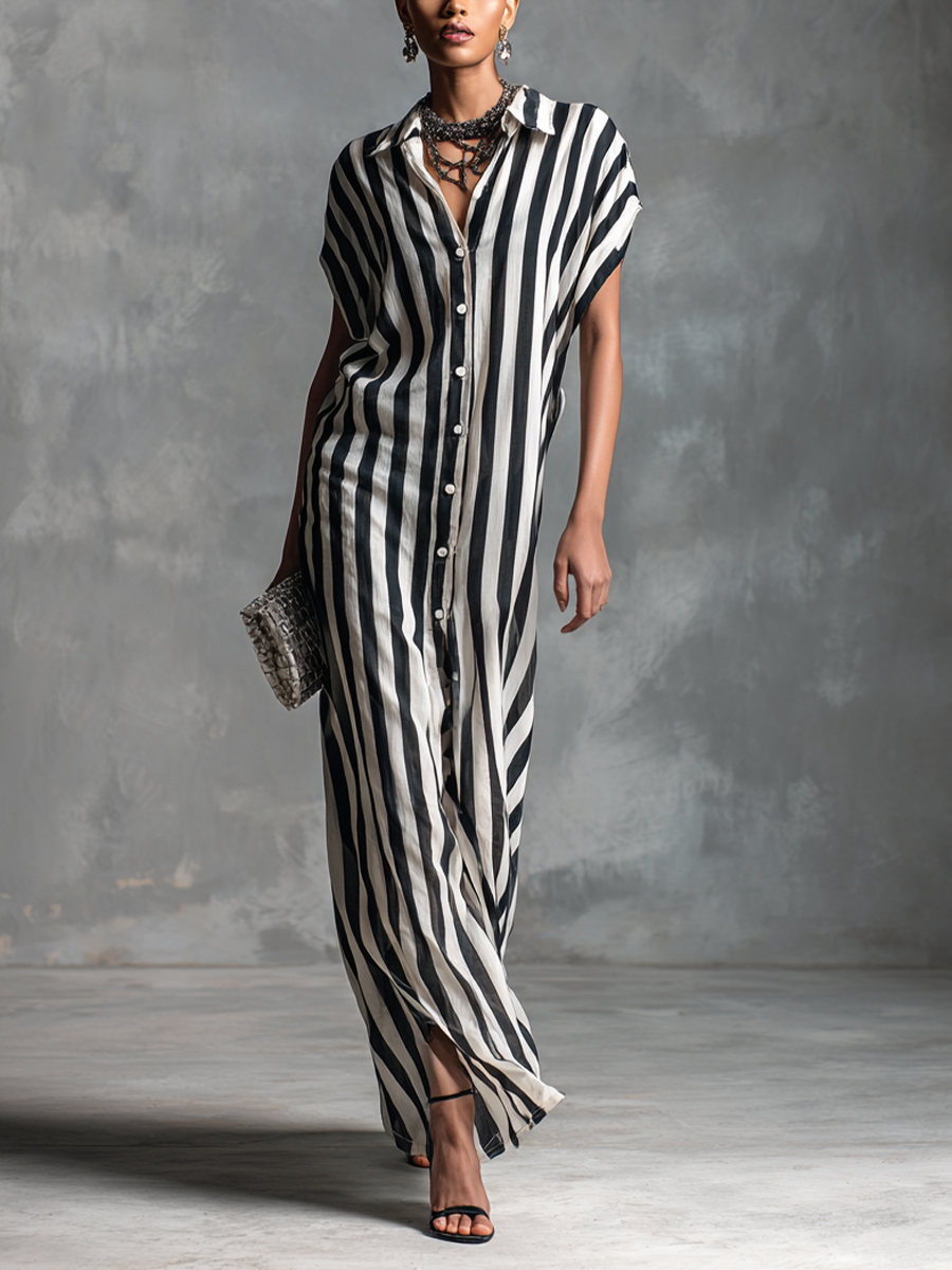 Women's Stylish Black and White Striped Sleeveless Button-Front Shirt  Long Dress