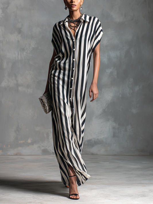 Women's Stylish Black and White Striped Sleeveless Button-Front Shirt  Long Dress