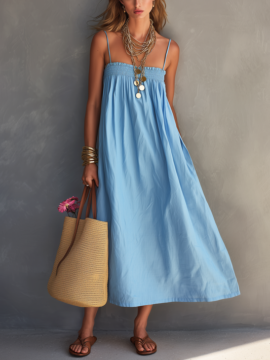 Women's Vacation Style Blue Cotton Linen Sleeveless Loose Long Dress