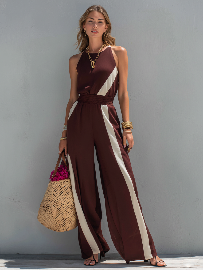 Women's Elegant Deep Red Round Neck Sleeveless Jumpsuit