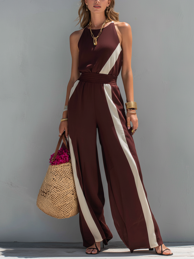 Women's Elegant Deep Red Round Neck Sleeveless Jumpsuit