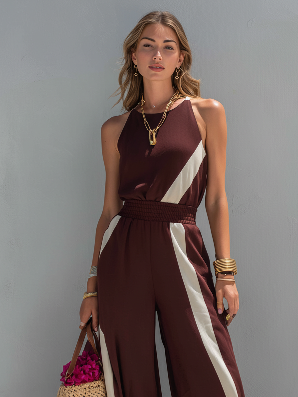 Women's Elegant Deep Red Round Neck Sleeveless Jumpsuit