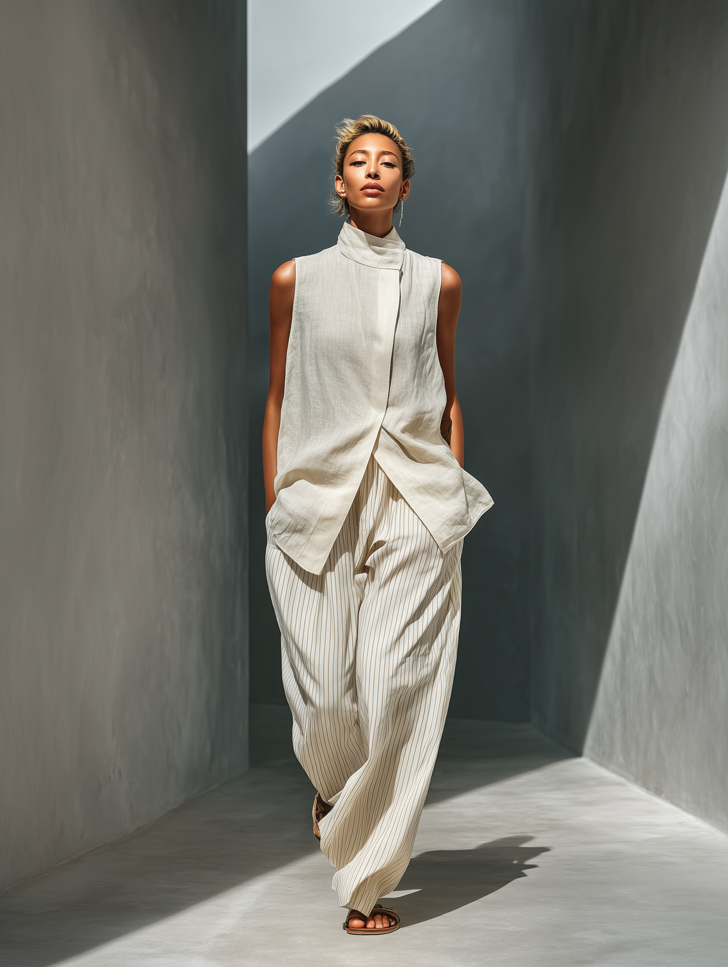Women's Beige Sleeveless Linen Two-Piece Set With High Neck Wrap Top & Striped Wide-Leg Trousers