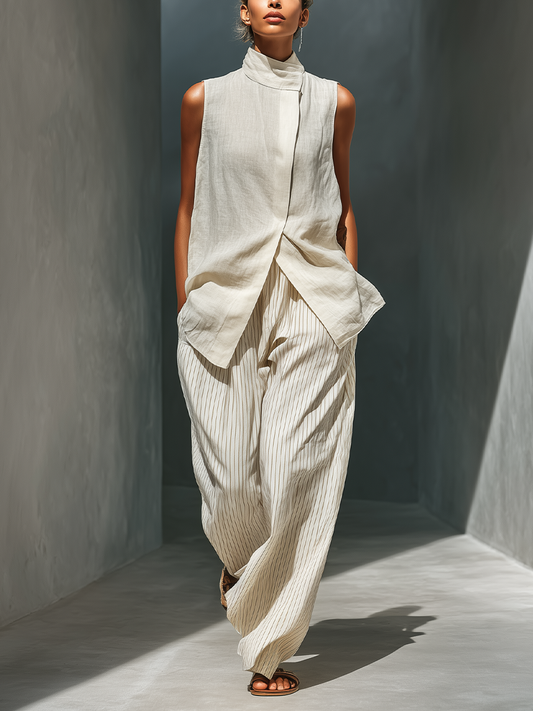 Women's Beige Sleeveless Linen Two-Piece Set With High Neck Wrap Top & Striped Wide-Leg Trousers