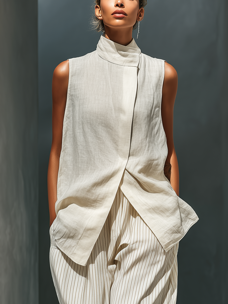 Women's Beige Sleeveless Linen Two-Piece Set With High Neck Wrap Top & Striped Wide-Leg Trousers