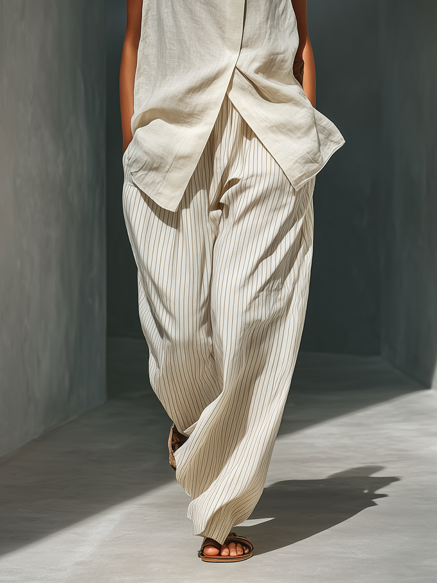 Women's Beige Sleeveless Linen Two-Piece Set With High Neck Wrap Top & Striped Wide-Leg Trousers