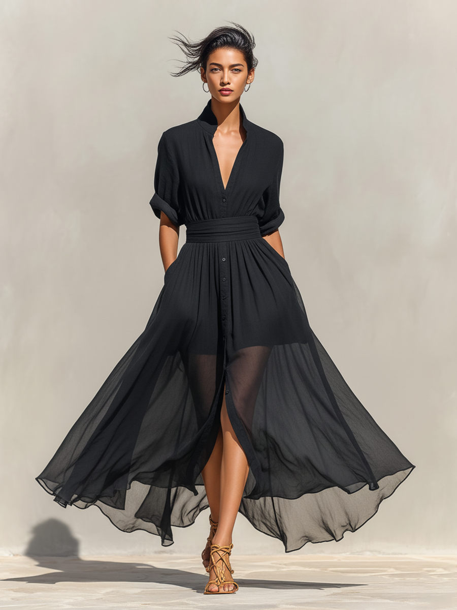 Women's Black Flowy Rayon Dress With Sheer Overlay & Elasticated Waist, Modern Sophisticated-Resort Style Dress