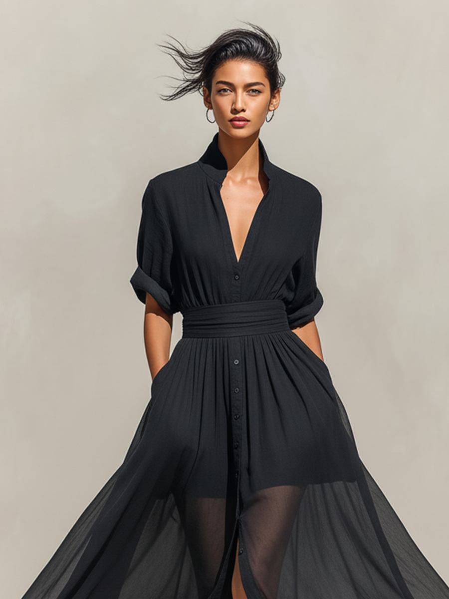 Women's Black Flowy Rayon Dress With Sheer Overlay & Elasticated Waist, Modern Sophisticated-Resort Style Dress