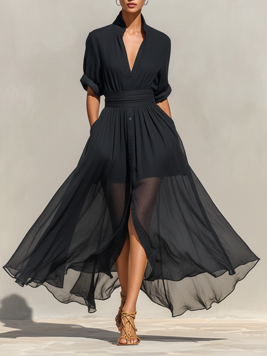 Women's Black Flowy Rayon Dress With Sheer Overlay & Elasticated Waist, Modern Sophisticated-Resort Style Dress
