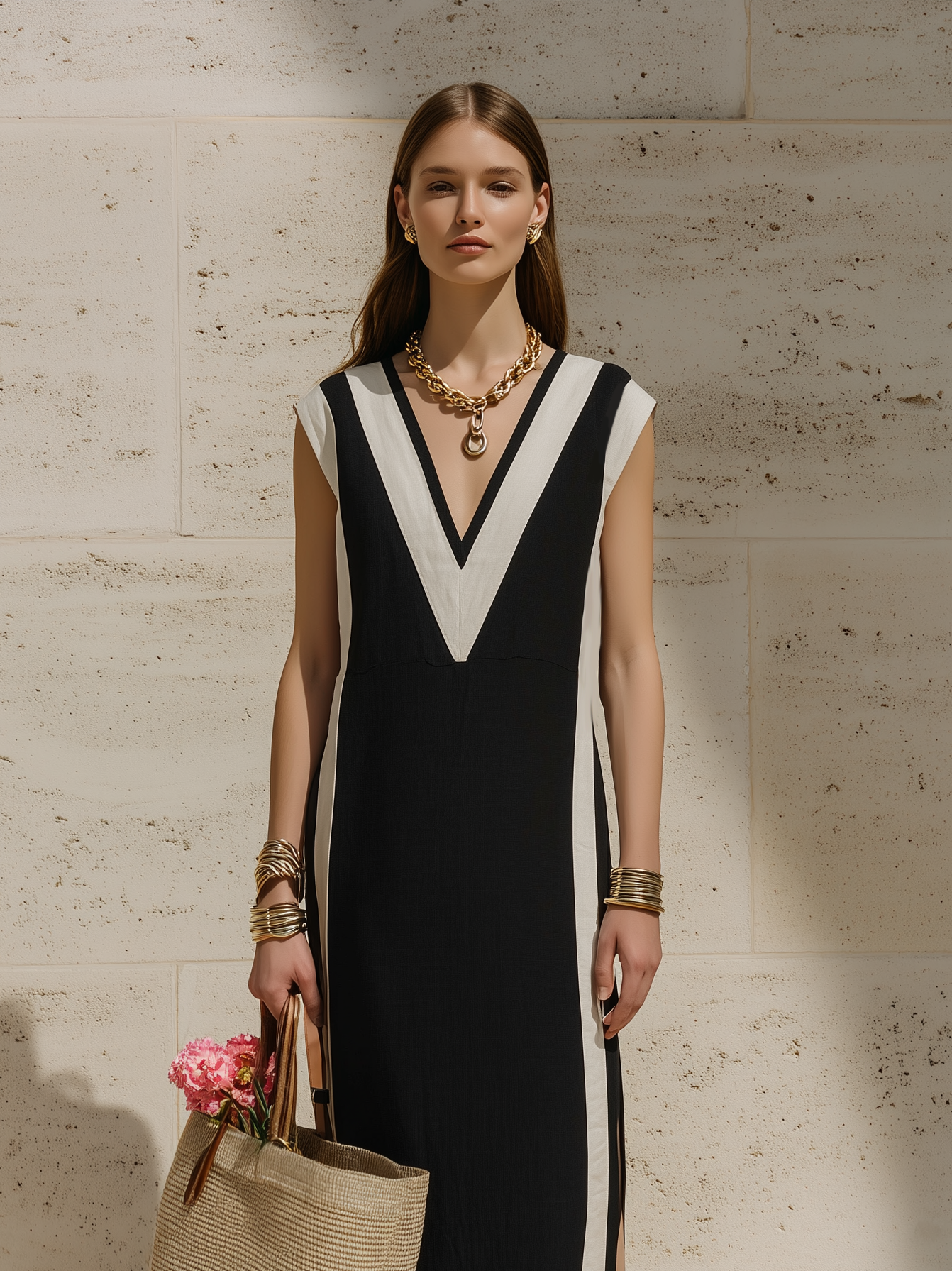 Women's Elegant Black & White Cotton-Linen Maxi Dress — V-Neck, Sleeveless, Loose Fit