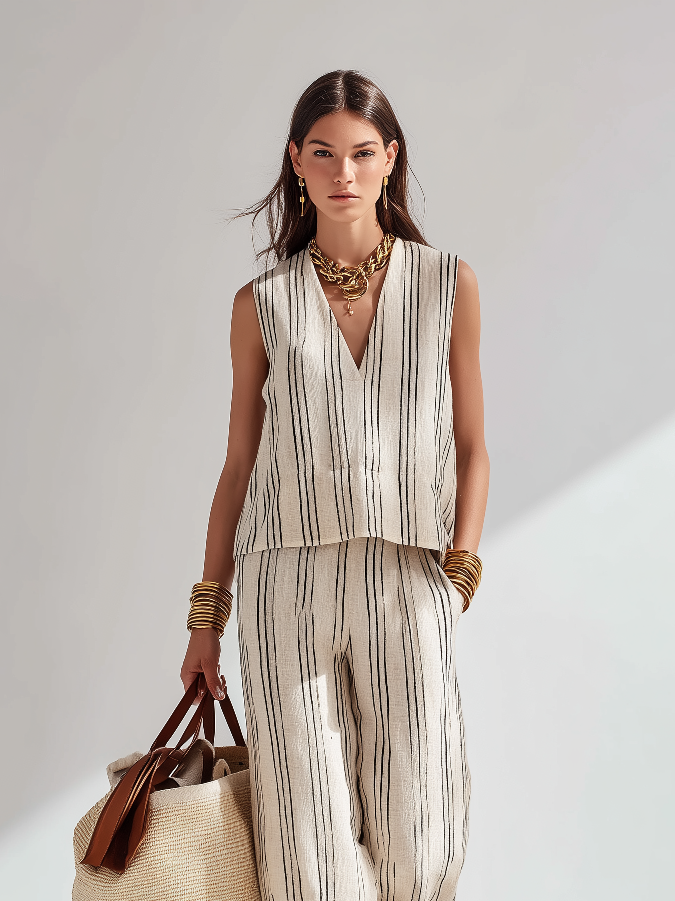 Women's Elegant Beige Woven V-Neck Sleeveless Top And Trousers Set
