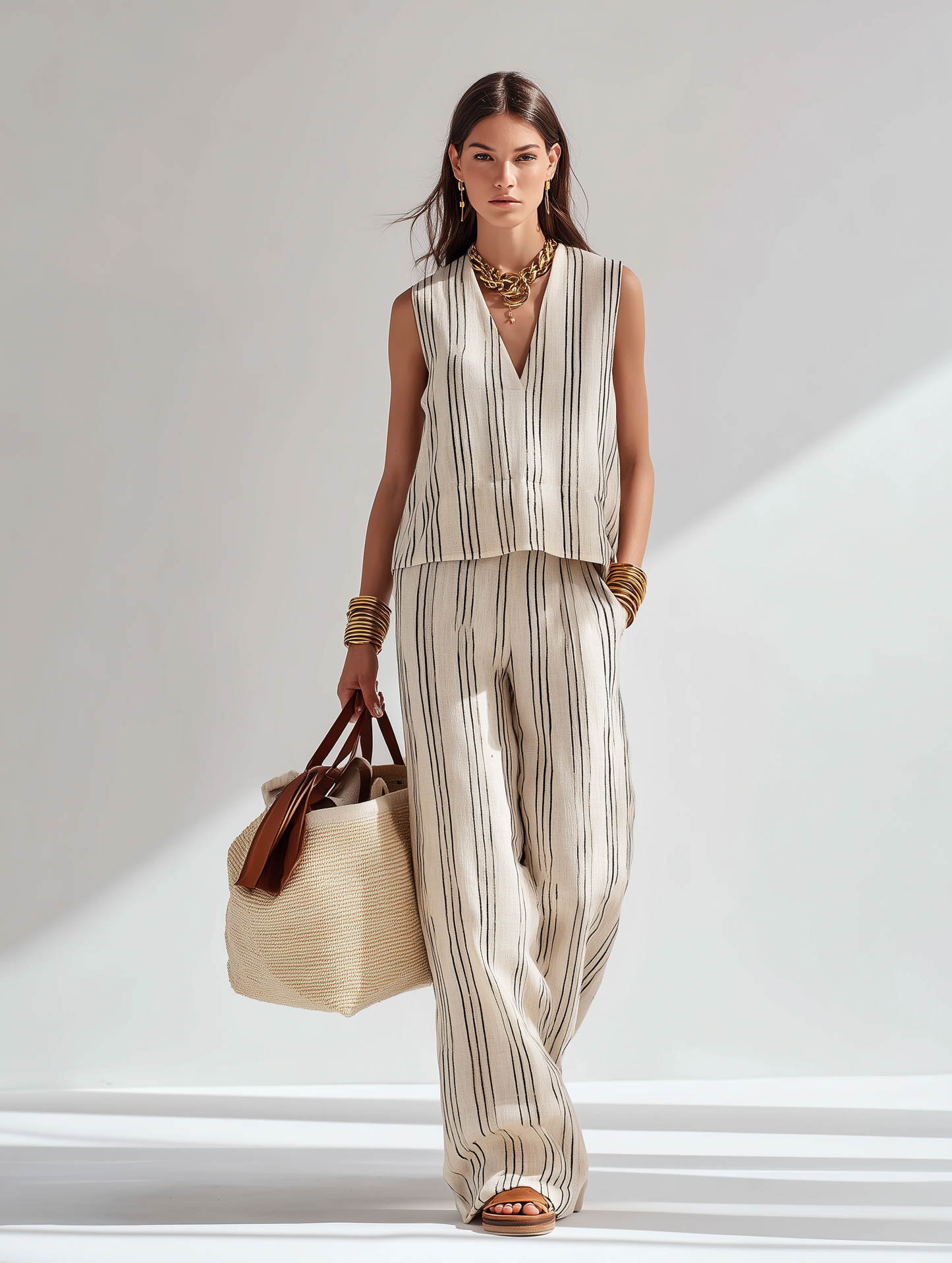 Women's Elegant Beige Woven V-Neck Sleeveless Top And Trousers Set