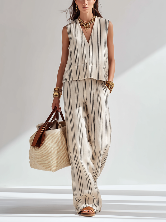 Women's Elegant Beige Woven V-Neck Sleeveless Top And Trousers Set