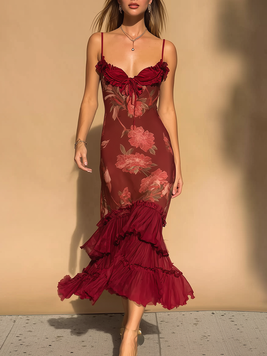 Floral Print Ruffle Hem Midi Dress