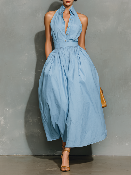 Women's Minimalist Cotton-Blend Button-Front Collared Sleeveless Maxi Dress