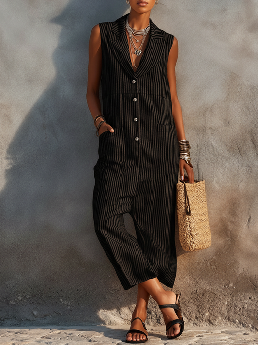 Women's Minimalist Striped Sleeveless Jumpsuit With Lapel Collar And Cropped Wide Legs