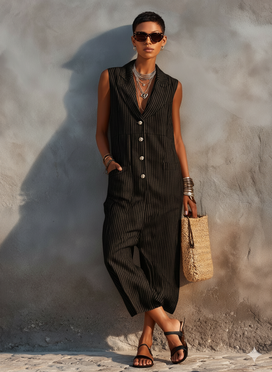 Women's Minimalist Striped Sleeveless Jumpsuit With Lapel Collar And Cropped Wide Legs