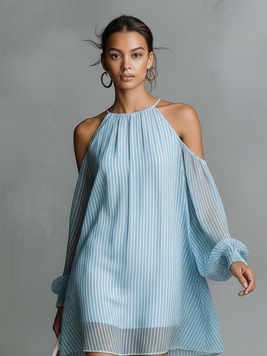 Women's Minimalist Striped Chiffon Off-Shoulder Long-Sleeve Mini Dress