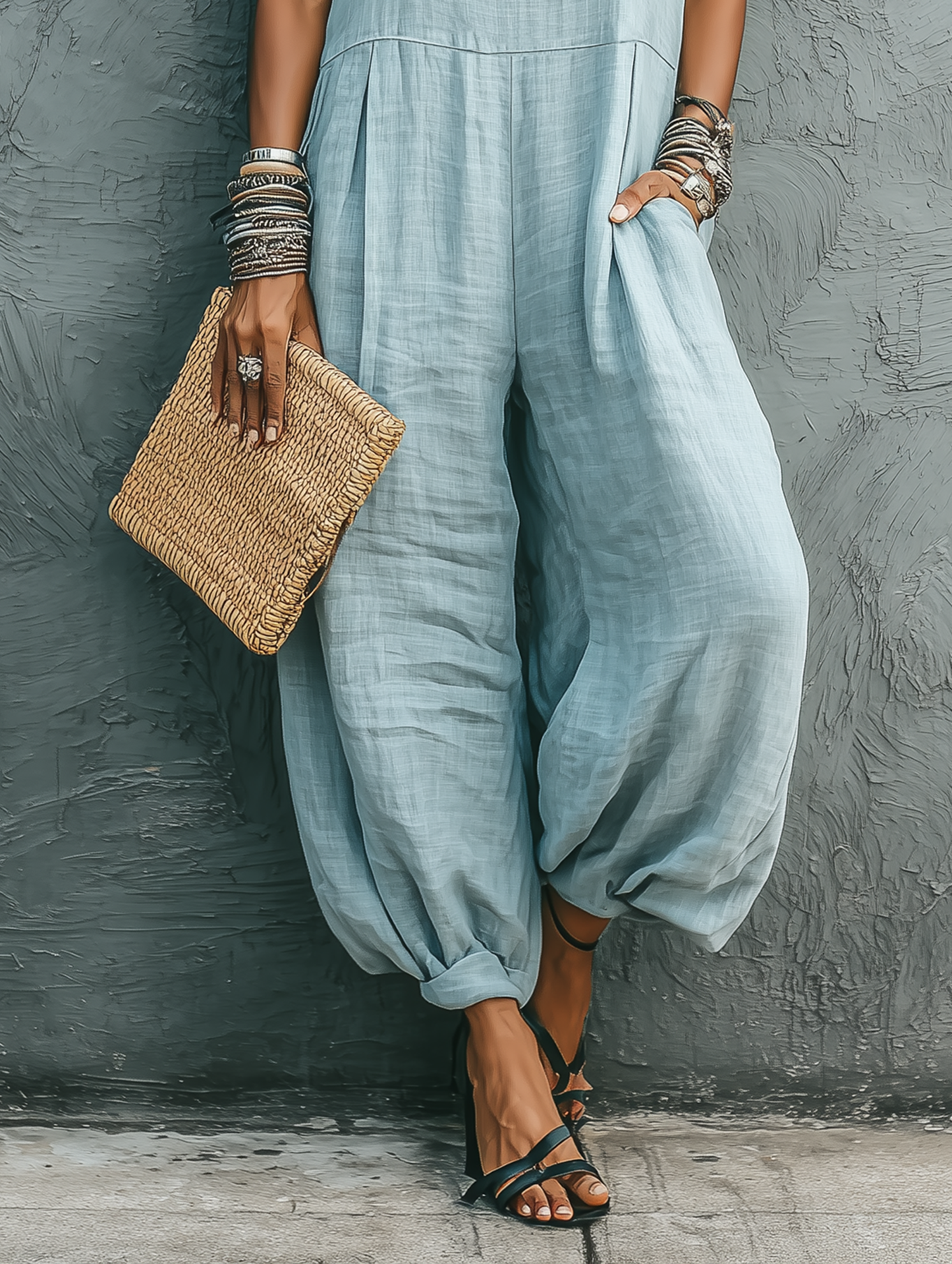 Women's Minimalist Linen-Blend Square Neck, Sleeveless, Loose Fit Jumpsuit