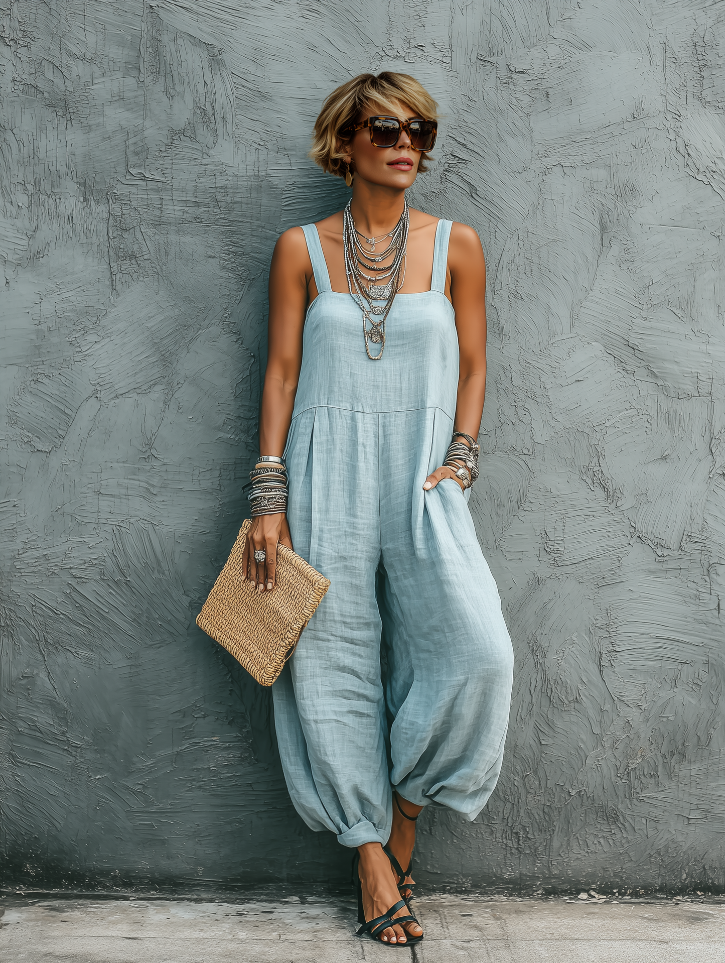 Women's Minimalist Linen-Blend Square Neck, Sleeveless, Loose Fit Jumpsuit