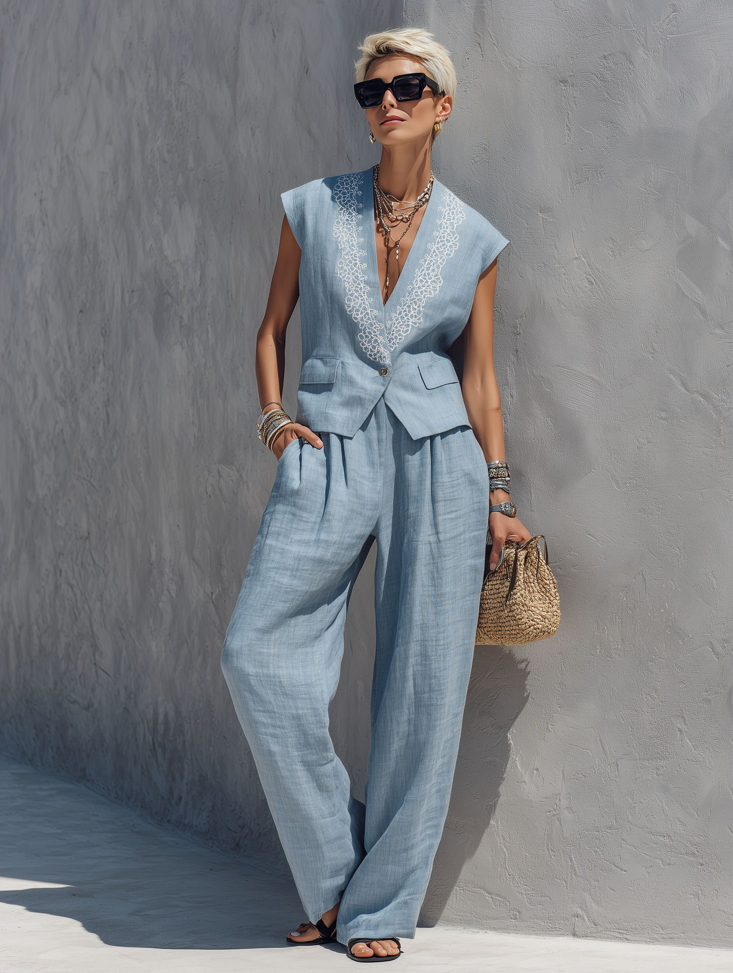 Women's Minimalist Linen-Blend Set: V-Neck Embroidered Single-Button Vest & Wide-Leg Trousers