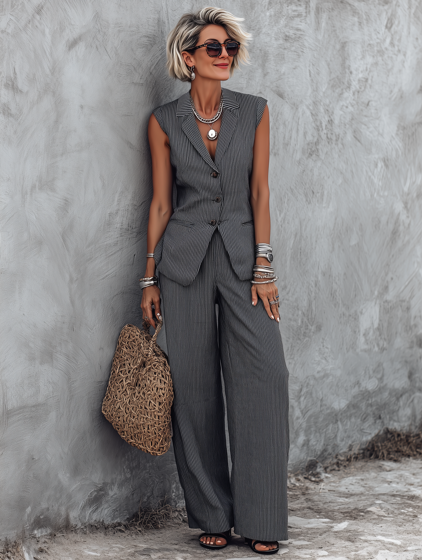 Women's Minimalist Linen-Blend Striped Lapel Vest & Wide-Leg Pants Set