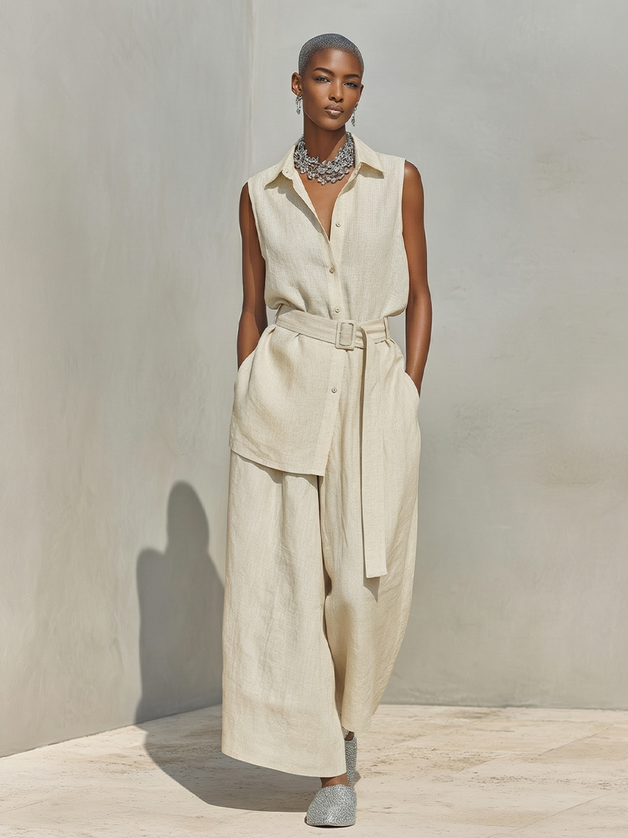 Women's Oatmeal Linen Two-Piece Set With Sleeveless Button-Down Shirt & High-Waisted Wide-Leg Pants, Timeless Minimalist-Resort Style Set