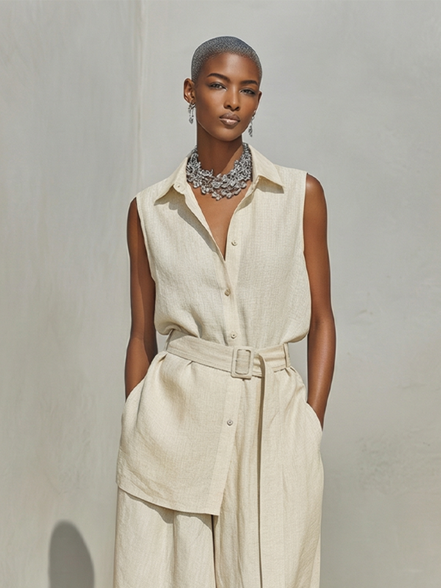 Women's Oatmeal Linen Two-Piece Set With Sleeveless Button-Down Shirt & High-Waisted Wide-Leg Pants, Timeless Minimalist-Resort Style Set