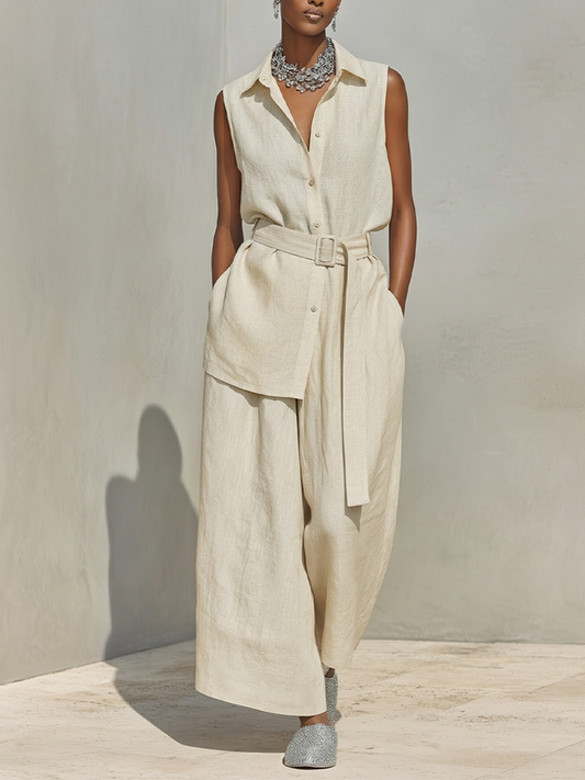 Women's Oatmeal Linen Two-Piece Set With Sleeveless Button-Down Shirt & High-Waisted Wide-Leg Pants, Timeless Minimalist-Resort Style Set