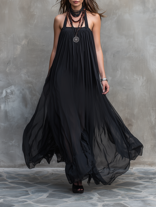 Women's Minimalist Loose-Fit Halter Chiffon Maxi Dress