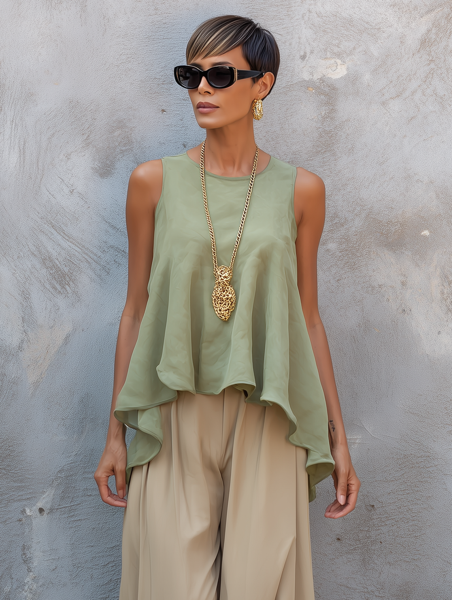 Women's Minimalist Chiffon Sleeveless Blouse & Straight-Leg Pants Set