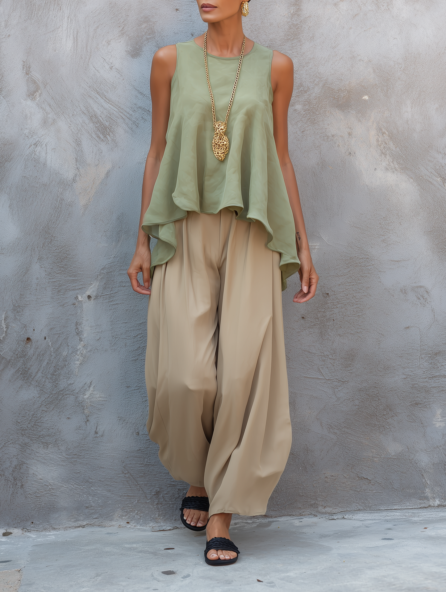 Women's Minimalist Chiffon Sleeveless Blouse & Straight-Leg Pants Set