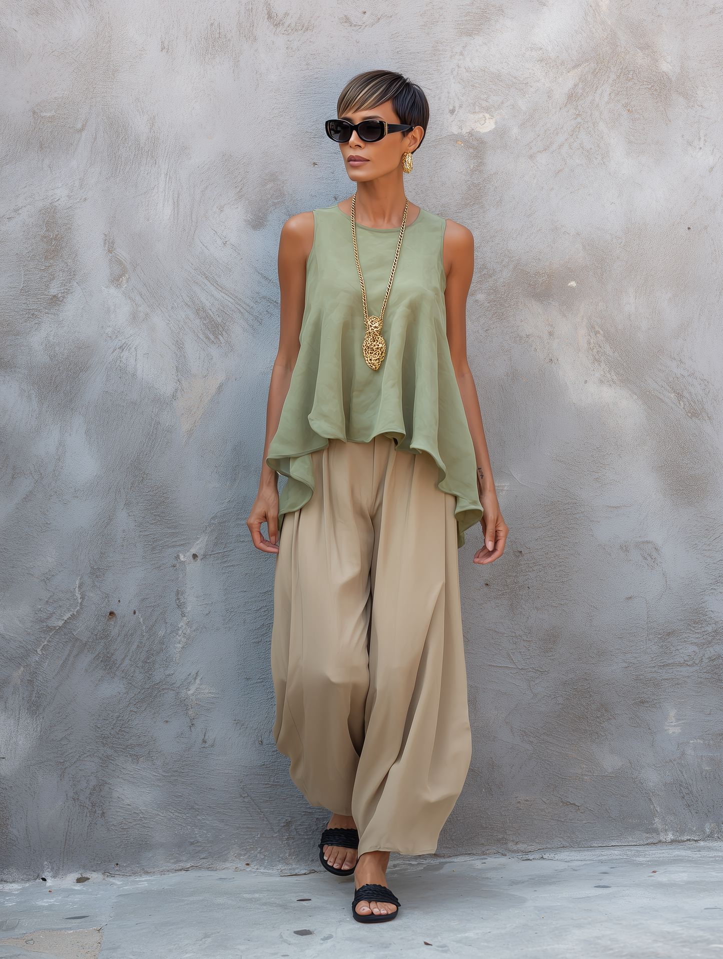 Women's Minimalist Chiffon Sleeveless Blouse & Straight-Leg Pants Set