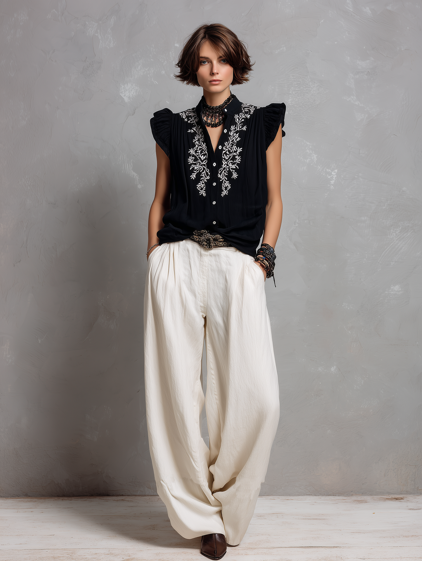 Women's Minimalist Embroidered Blouse & Straight-Leg Pants Set