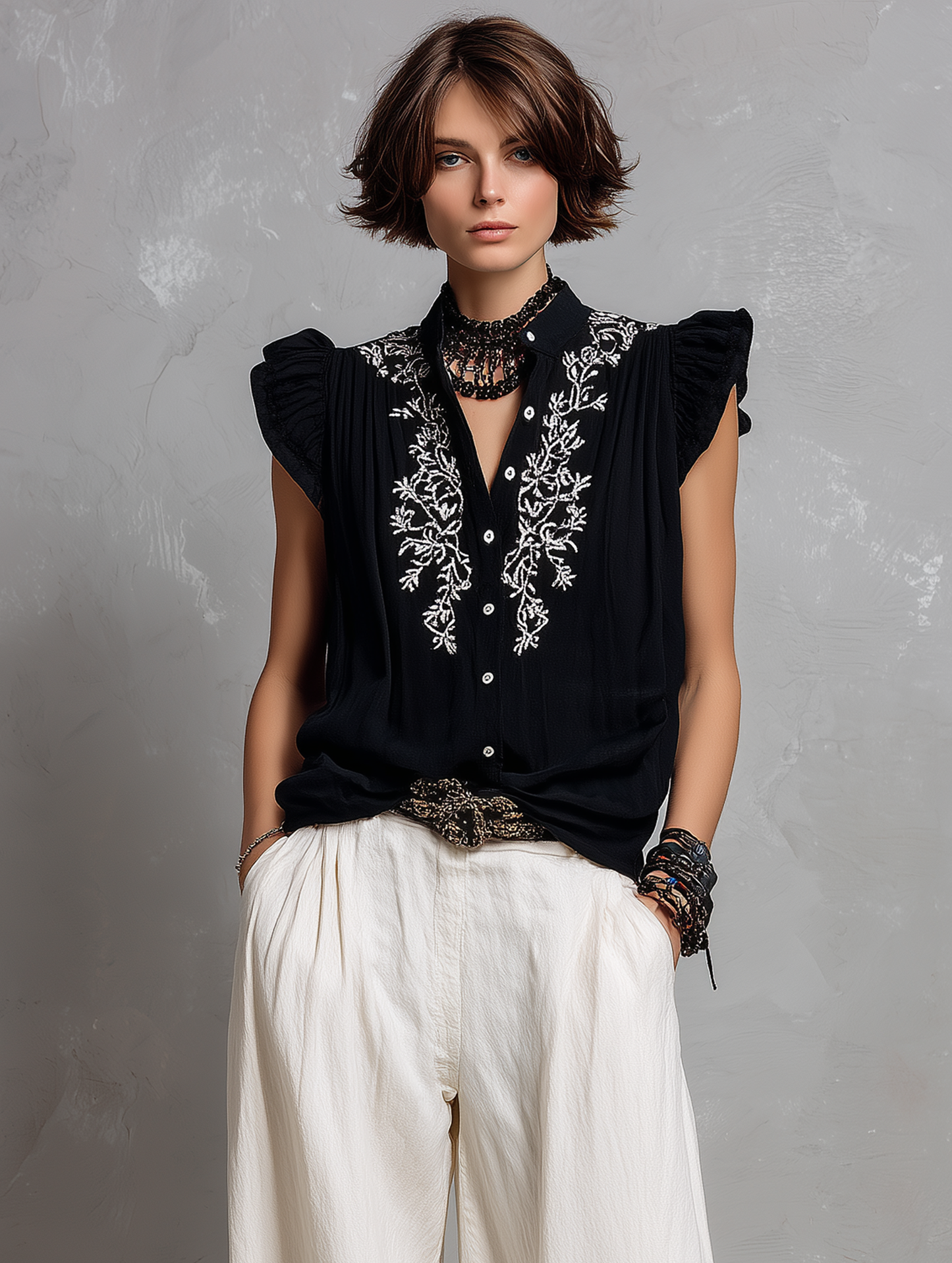 Women's Minimalist Embroidered Blouse & Straight-Leg Pants Set