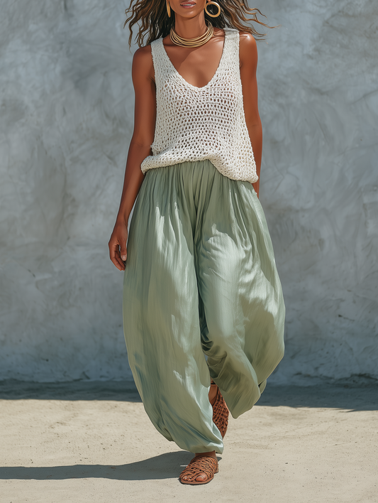 Women's Minimalist Mesh-Knit Tank Top And Faux-Acetate Balloon Pants Set