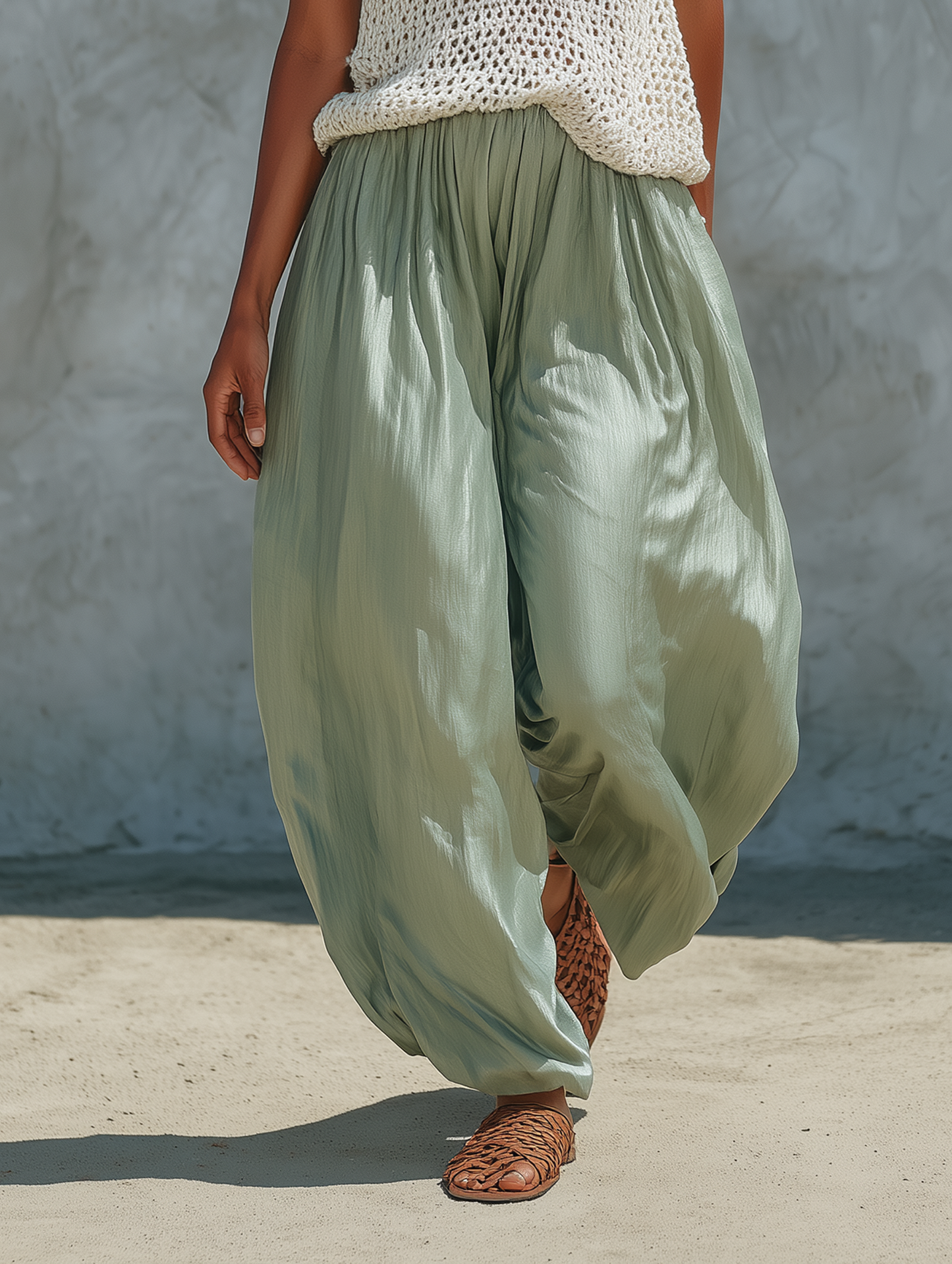 Women's Minimalist Mesh-Knit Tank Top And Faux-Acetate Balloon Pants Set