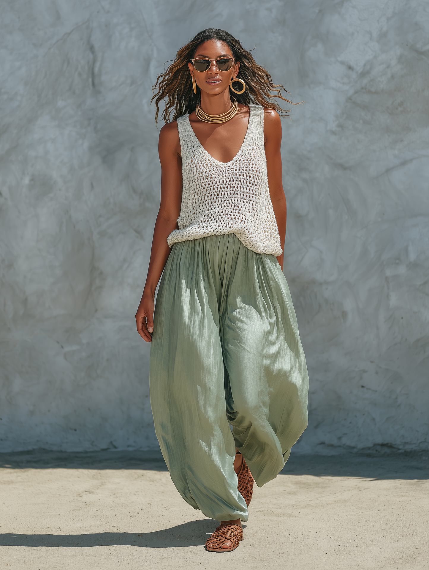 Women's Minimalist Mesh-Knit Tank Top And Faux-Acetate Balloon Pants Set