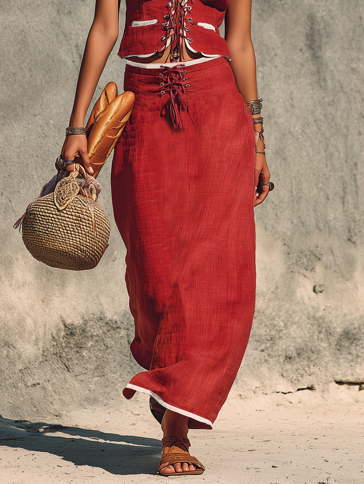 Women's Minimalist Linen-Blend White-Trimmed Lace-Up Vest & Maxi Skirt Set
