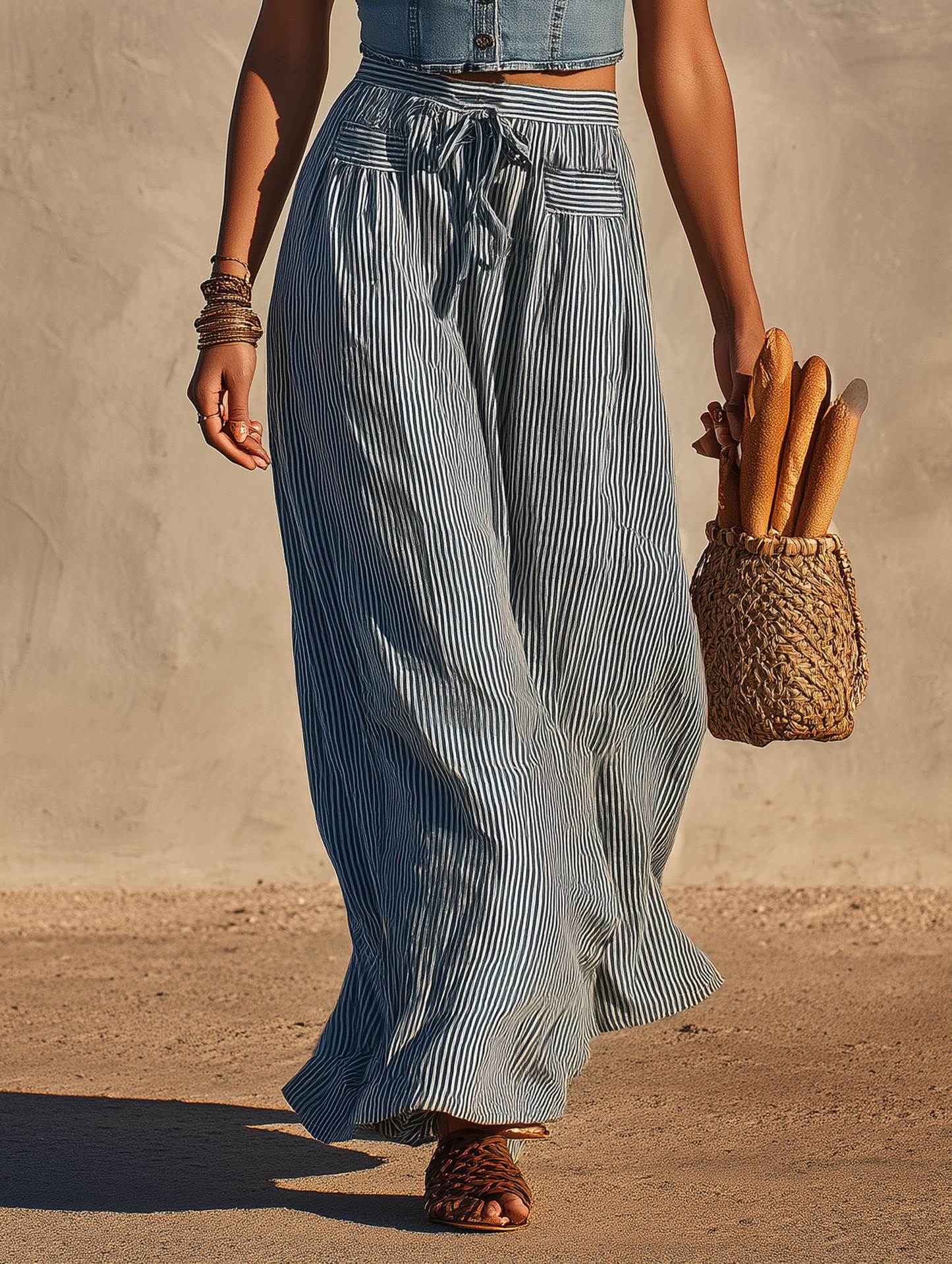 Women's Minimalist Denim Cropped Vest & Striped Midi Skirt Set